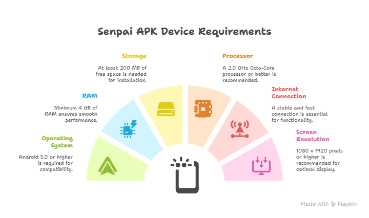 Infographic showing Senpai APK device requirements